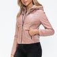 Snobbish Faux Leather Zip Up Drawstring Hooded Jacket