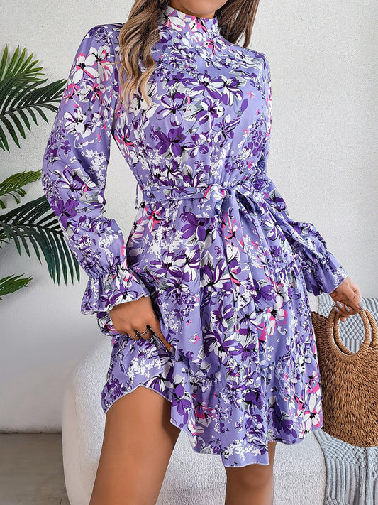 Printed Mock Neck Flounce Sleeve Mini Dress