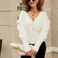 Woven Right Puff Sleeve V-Neck Fuzzy Cardigan