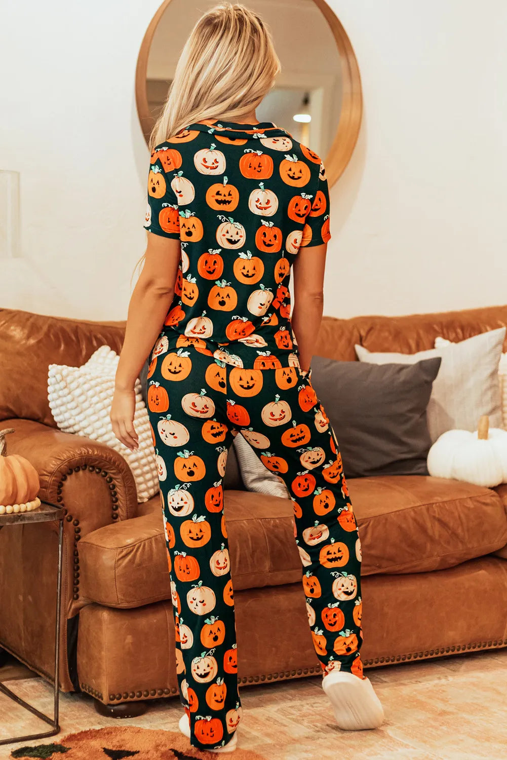 Pumpkin Printed Short Sleeve Top and Pants Pajama Set