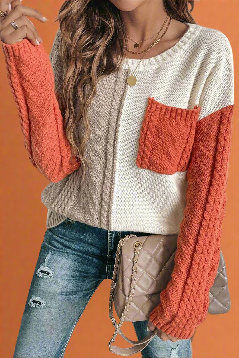 Color Block Round Neck Long Sleeve Sweater