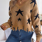 Star Pattern Distressed V-Neck Cropped Sweater