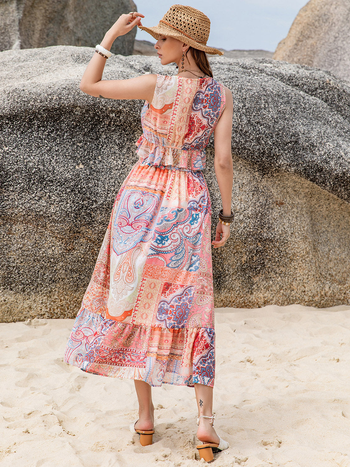 Printed V-Neck Top & Midi Skirt Set