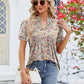 Ruched Printed Notched Short Sleeve Blouse