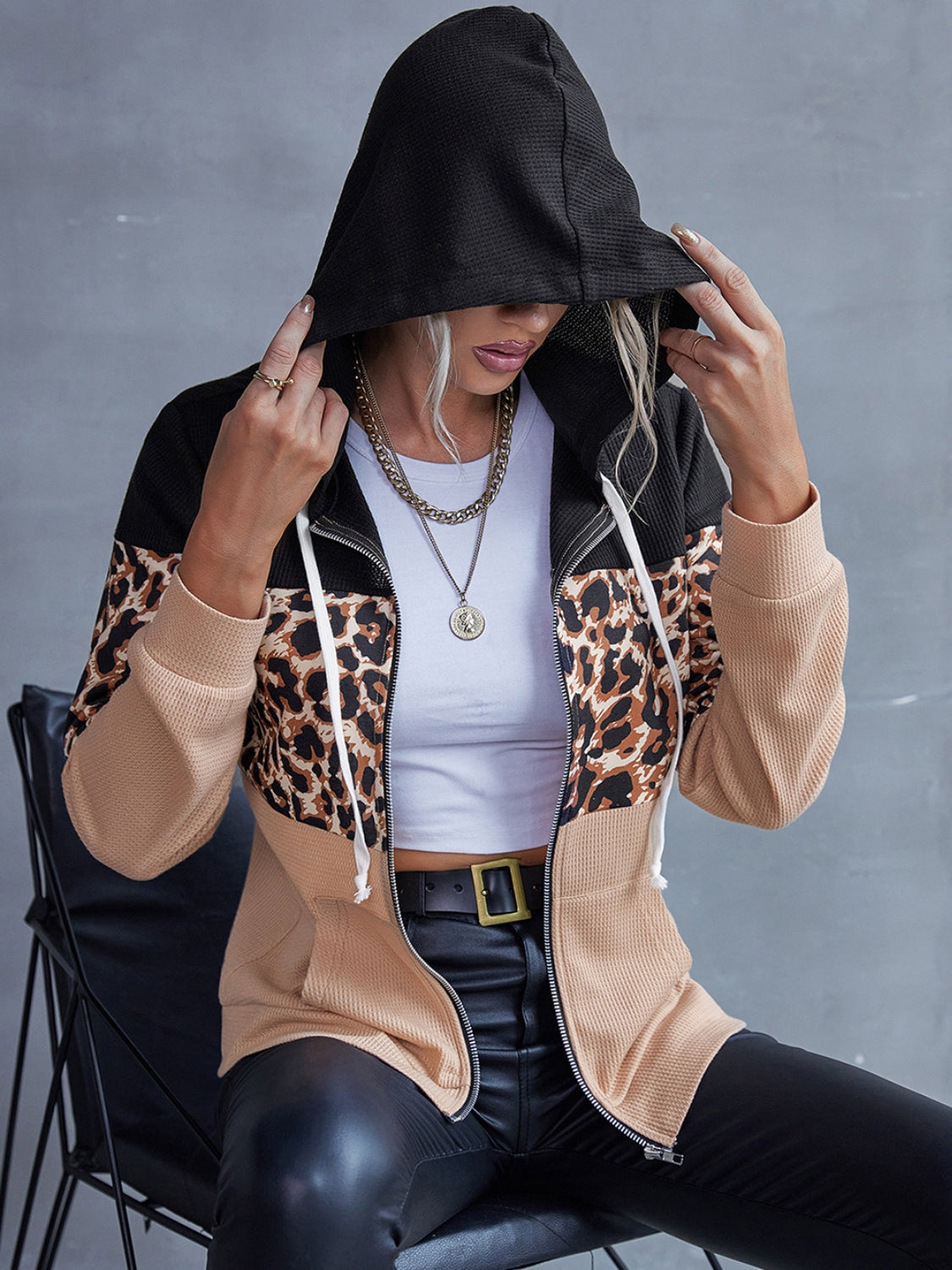 Leopard Zip Up Hooded Jacket