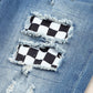 Baeful Checkered Patchwork Mid Waist Distressed Jeans