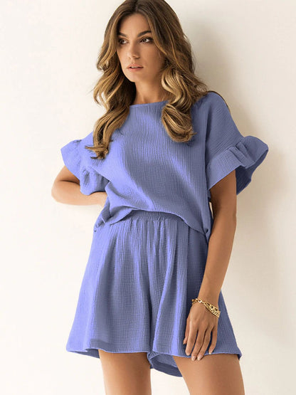 Ruffled Round Neck Top + Shorts Set