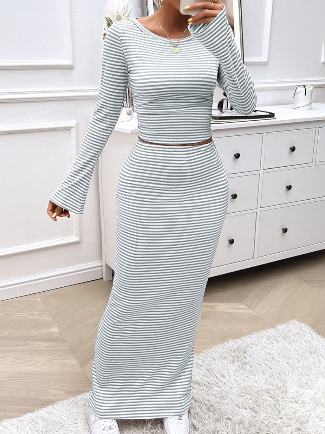 Striped Boat Neck Top & Skirt Set