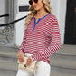 Striped Notched Long Sleeve T-Shirt