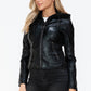 Snobbish Faux Leather Zip Up Drawstring Hooded Jacket