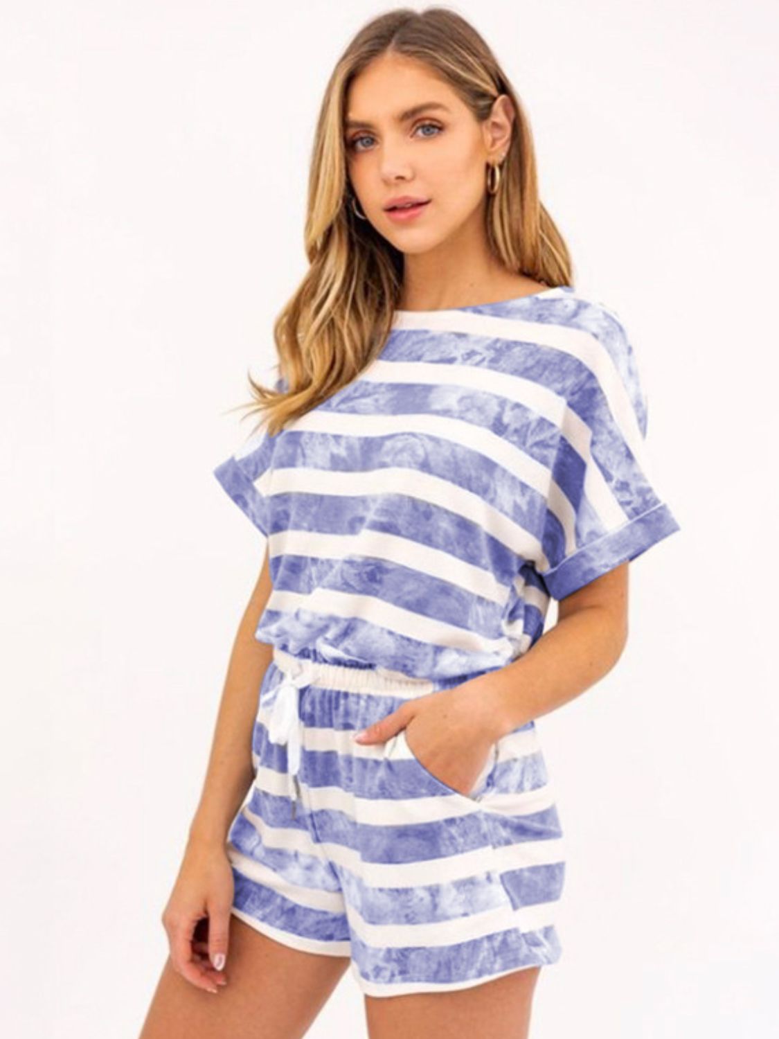 Striped Round Neck Top & Shorts Set