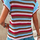 Ruffled Striped V-Neck Cap Sleeve Knit Top