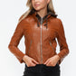 Snobbish Faux Leather Zip Up Drawstring Hooded Jacket