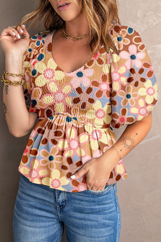 Smocked Printed V-Neck Half Sleeve Blouse