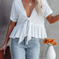 Tied Plunge Short Sleeve Blouse