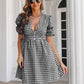 Decorative Button Plaid Short Sleeve Dress