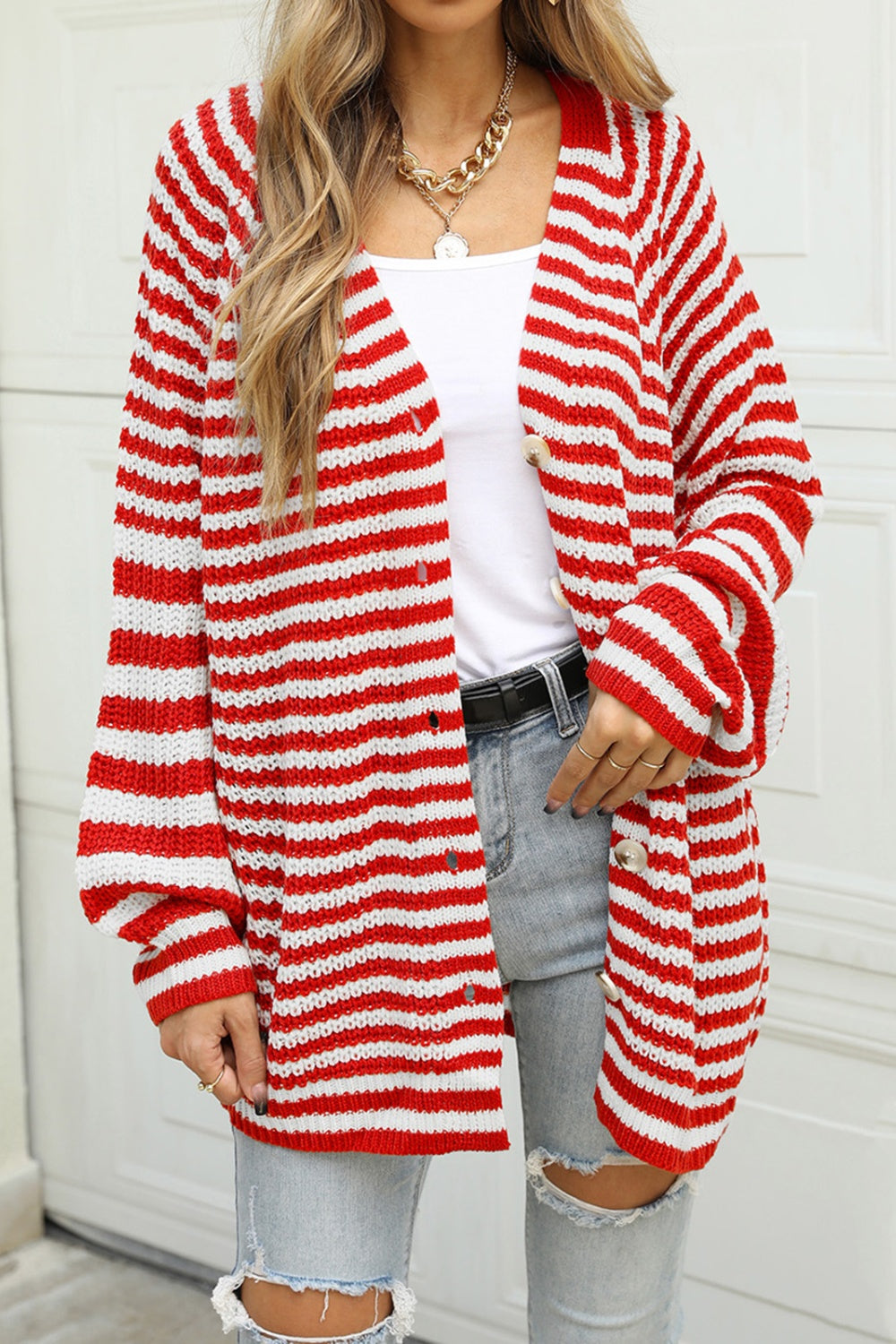 Striped Button Up Long Sleeve Cardigan