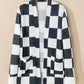 Black Checkered Waffle Knit Thumbhole Long Sleeve Cardigan