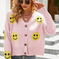 Smiley Face Ribbed Trim V-Neck Cardigan