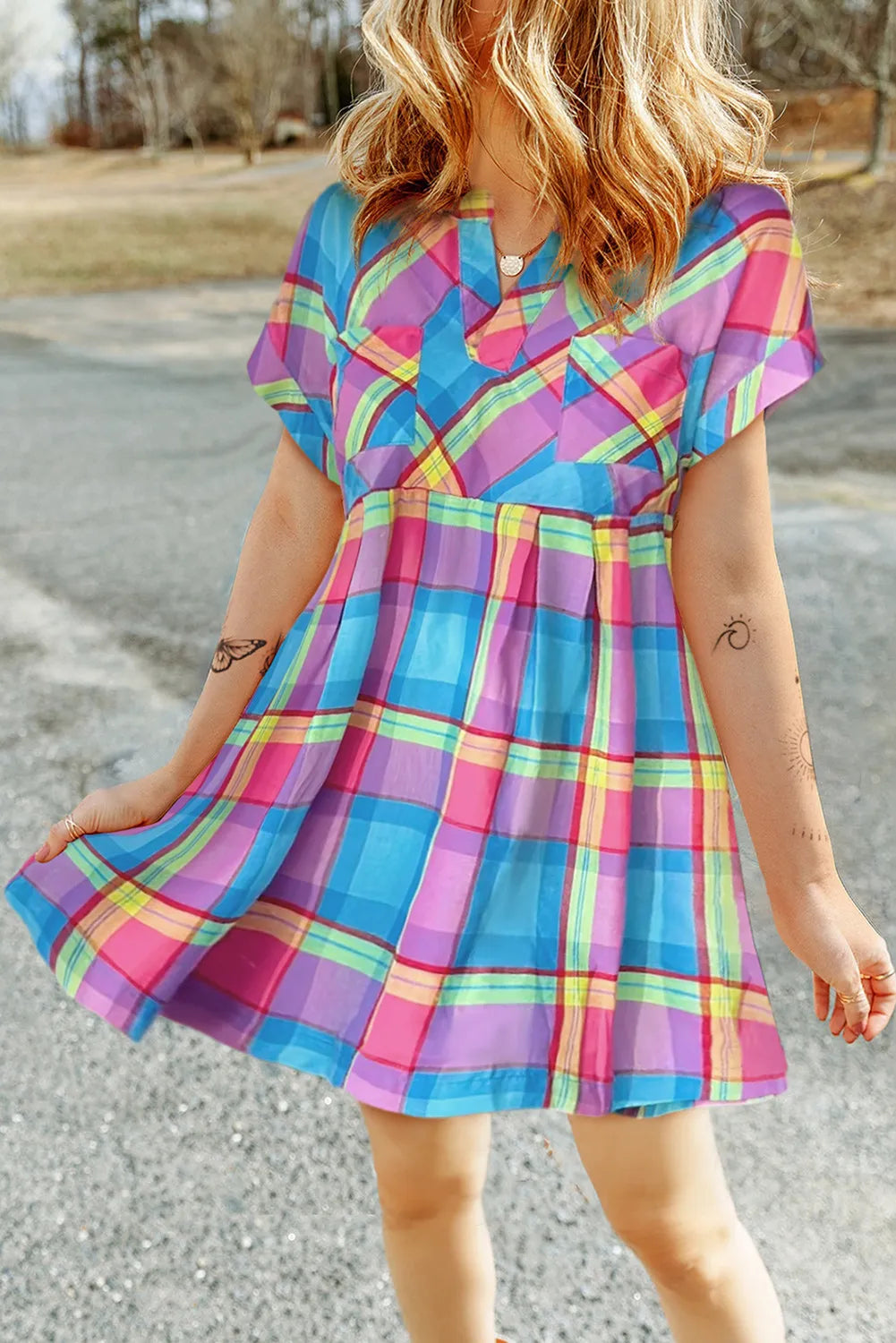 Plaid Notched Short Sleeve Mini Dress