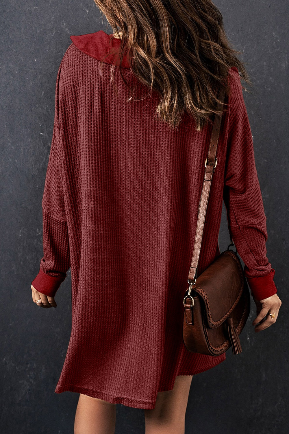 Waffle Knit Buttoned Long Sleeve Top with Breast Pocket