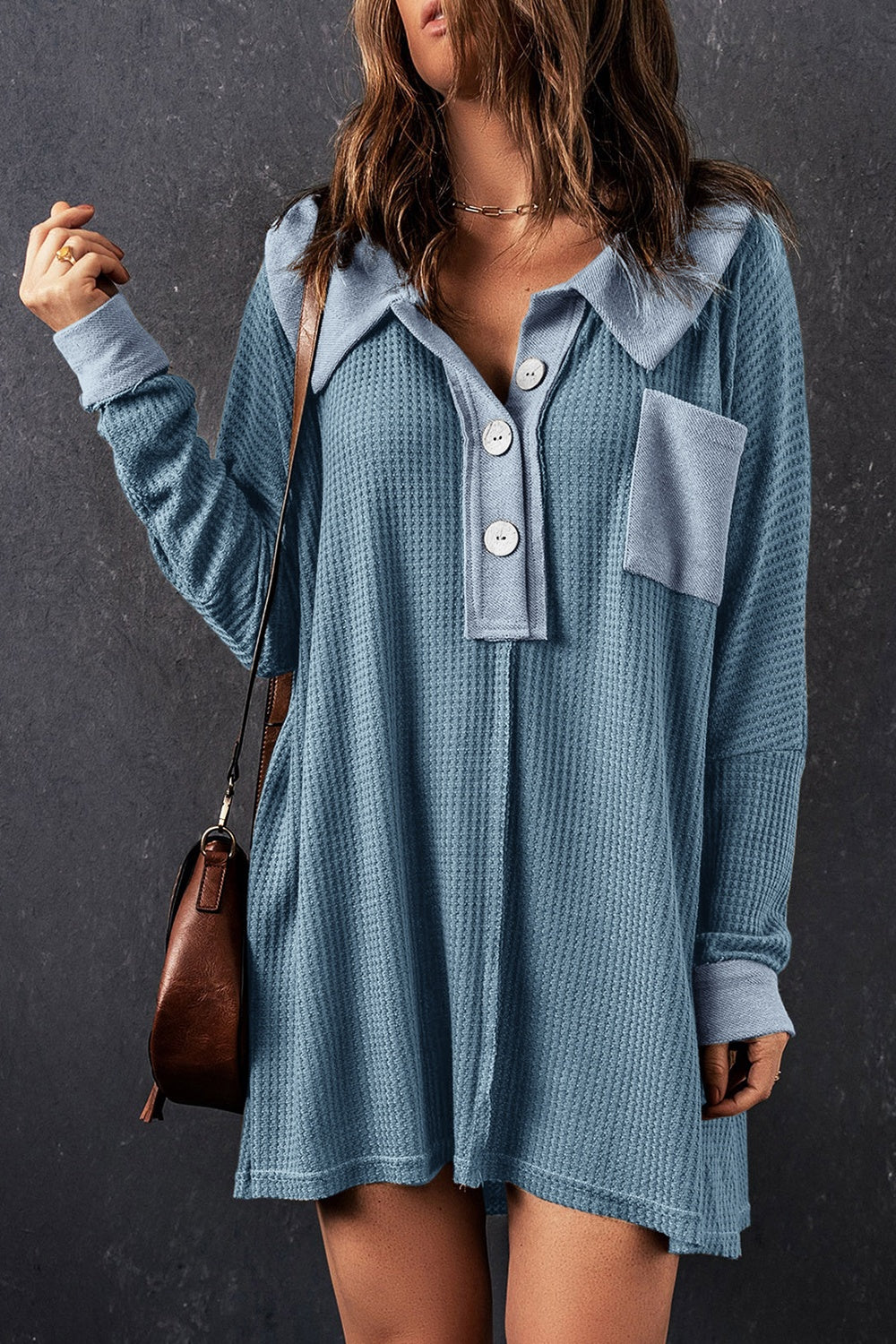 Waffle Knit Buttoned Long Sleeve Top with Breast Pocket