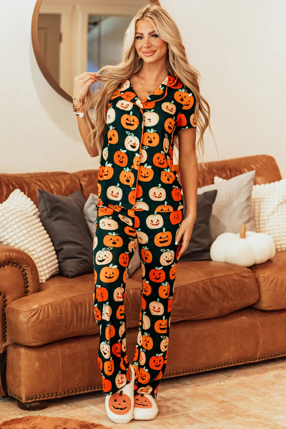 Pumpkin Printed Short Sleeve Top and Pants Pajama Set