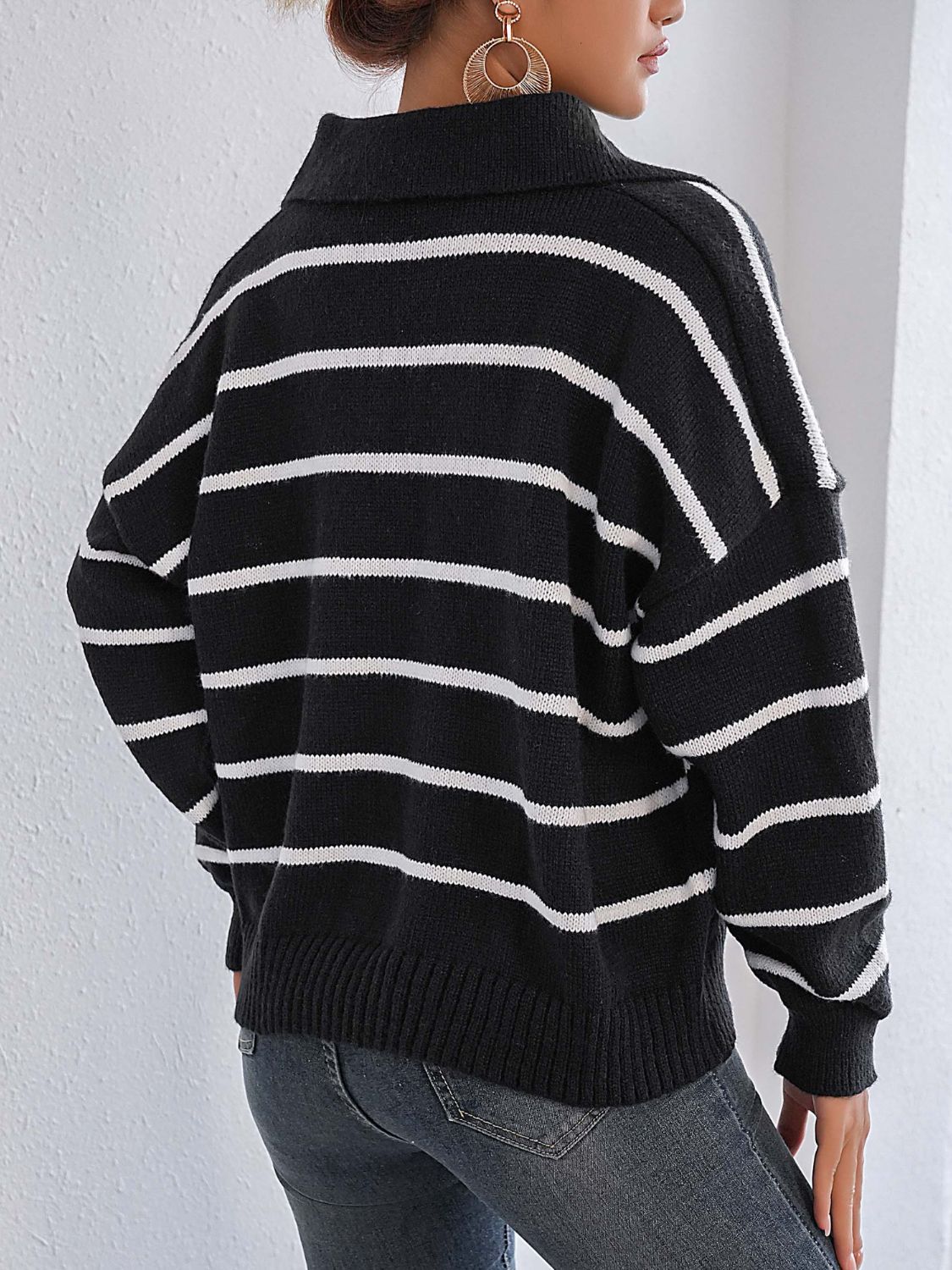 Striped Johnny Collar Long Sleeve Sweater