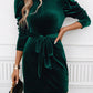 Mock Neck Tie Waist Puff Sleeve Mini Dress