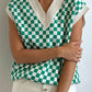 Full Size Checkered V-Neck Cap Sleeve Sweater