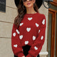 Woven Right Heart Pattern Lantern Sleeve Round Neck Tunic Sweater