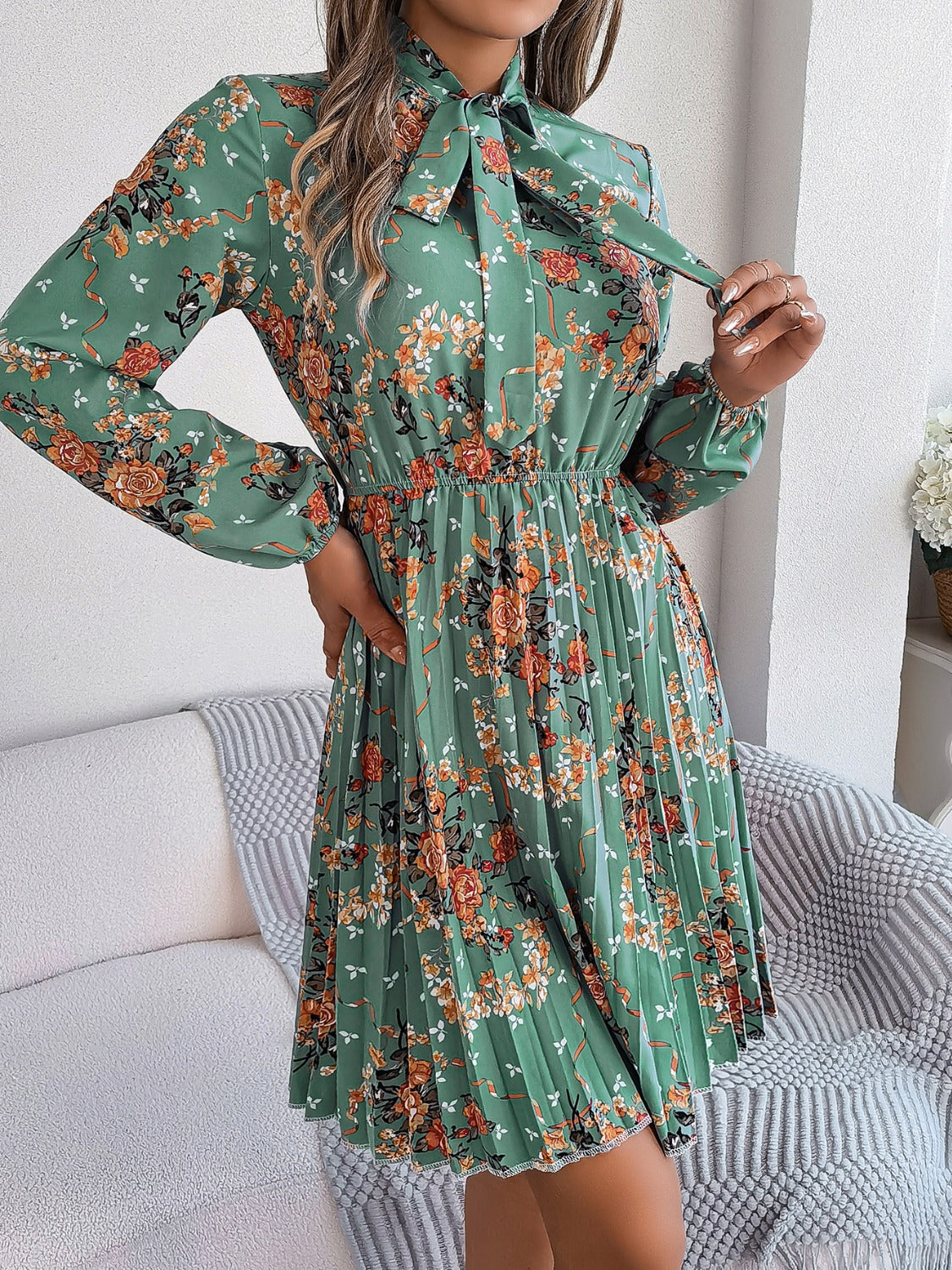 Pleated Printed Tie Neck Long Sleeve Dress