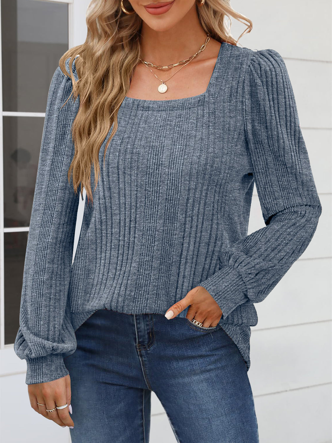 Square Neck Long Sleeve Blouse