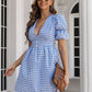 Decorative Button Plaid Short Sleeve Dress