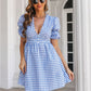 Decorative Button Plaid Short Sleeve Dress