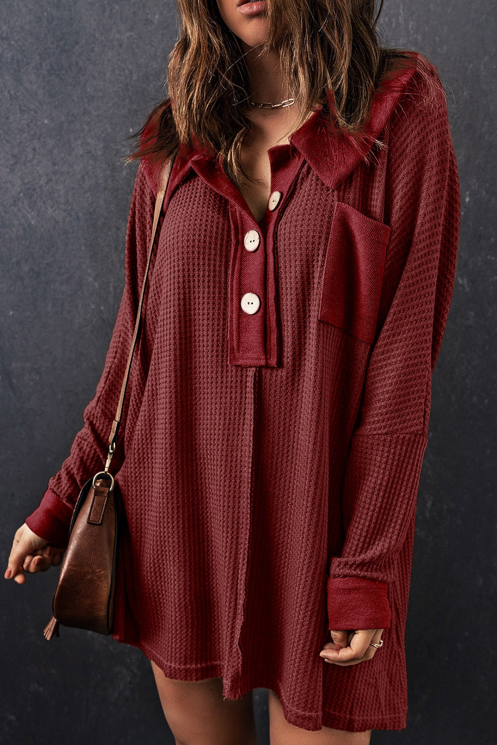 Waffle Knit Buttoned Long Sleeve Top with Breast Pocket