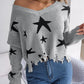 Star Pattern Distressed V-Neck Cropped Sweater