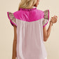 Ruffled Color Block Notched Cap Sleeve Blouse