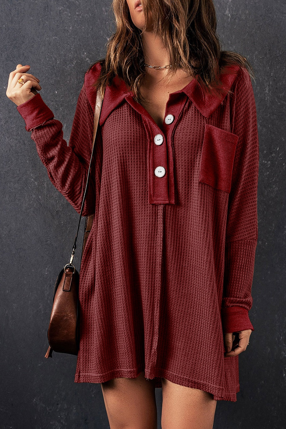 Waffle Knit Buttoned Long Sleeve Top with Breast Pocket