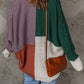 Woven Right Color Block Cable-Knit Batwing Sleeve Cardigan