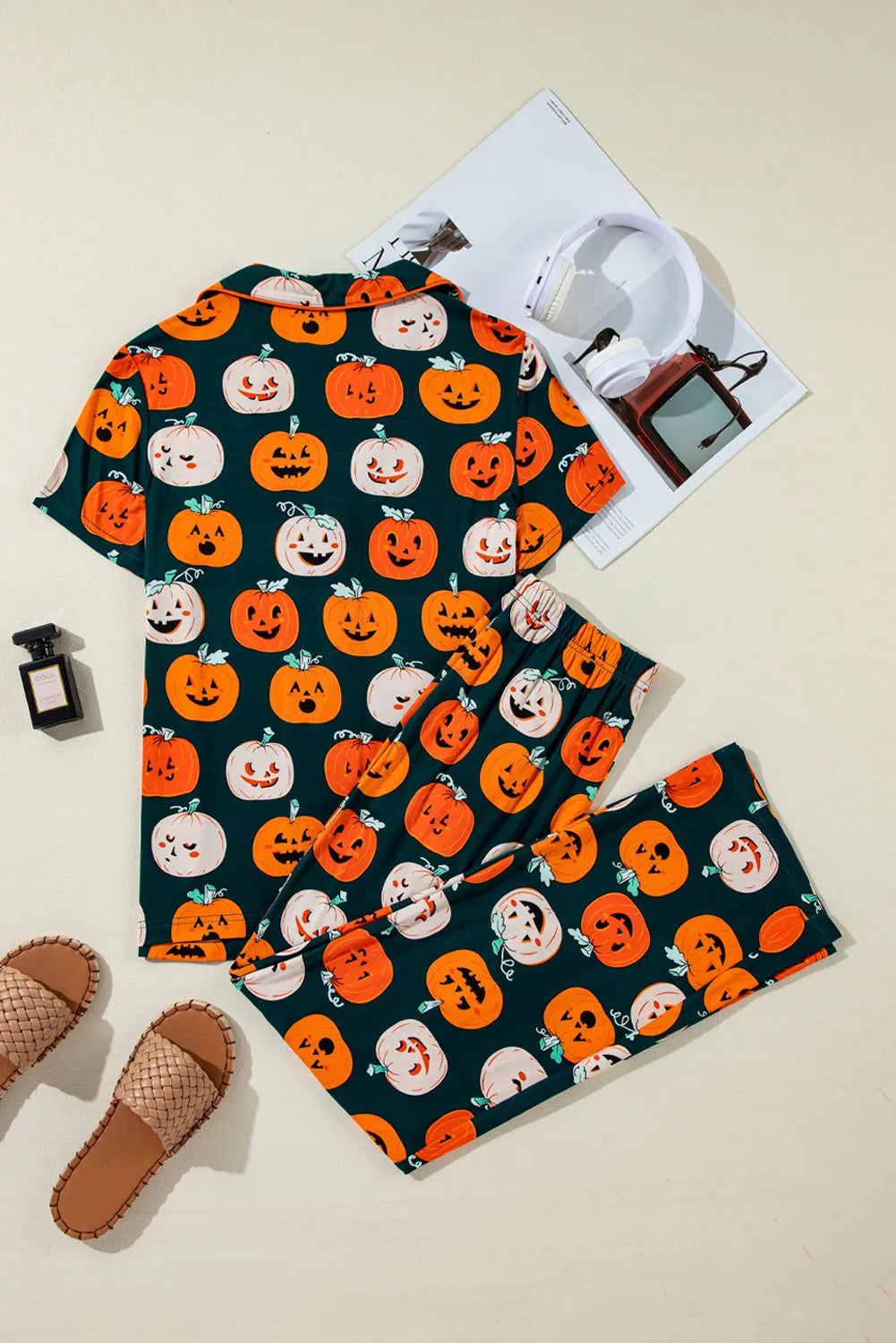 Pumpkin Printed Short Sleeve Top and Pants Pajama Set