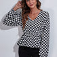 Ruched Printed V-Neck Long Sleeve Blouse