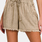 Zenana Washed Linen Frayed Hem Drawstring Shorts