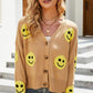 Smiley Face Ribbed Trim V-Neck Cardigan