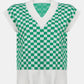 Full Size Checkered V-Neck Cap Sleeve Sweater