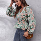 Ruched Printed V-Neck Long Sleeve Blouse