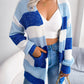 Striped Rib-Knit Open Front Longline Cardigan