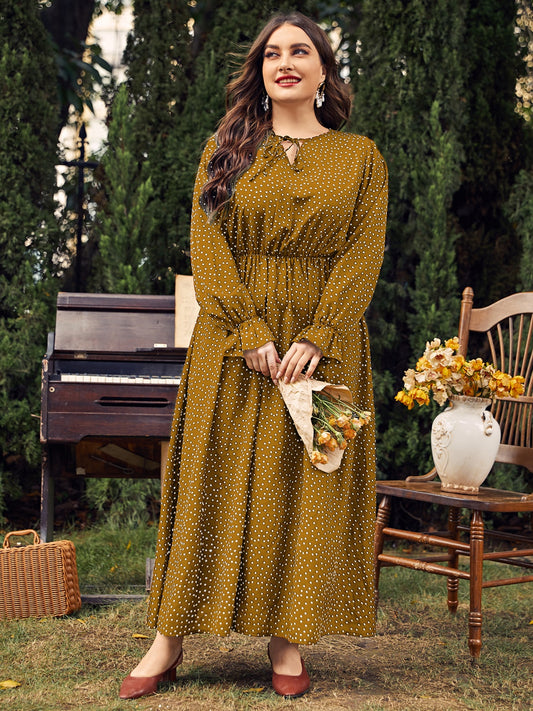 Plus Size Ruffled Polka Dot Long Sleeve Maxi Dress