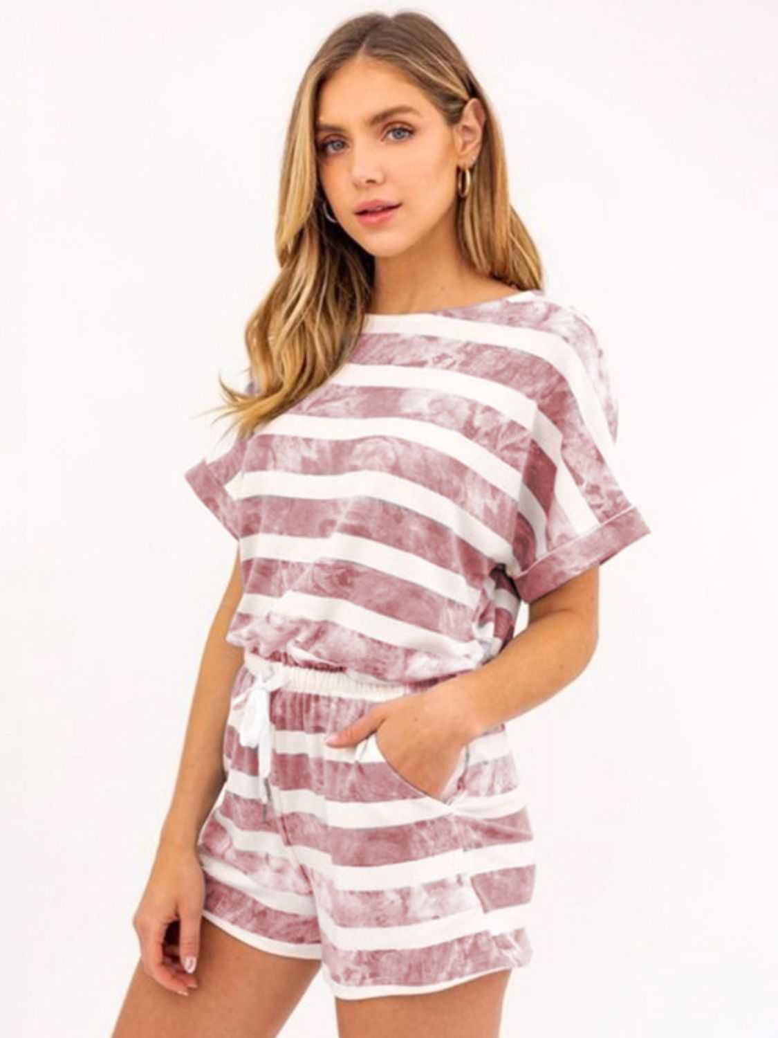 Striped Round Neck Top & Shorts Set