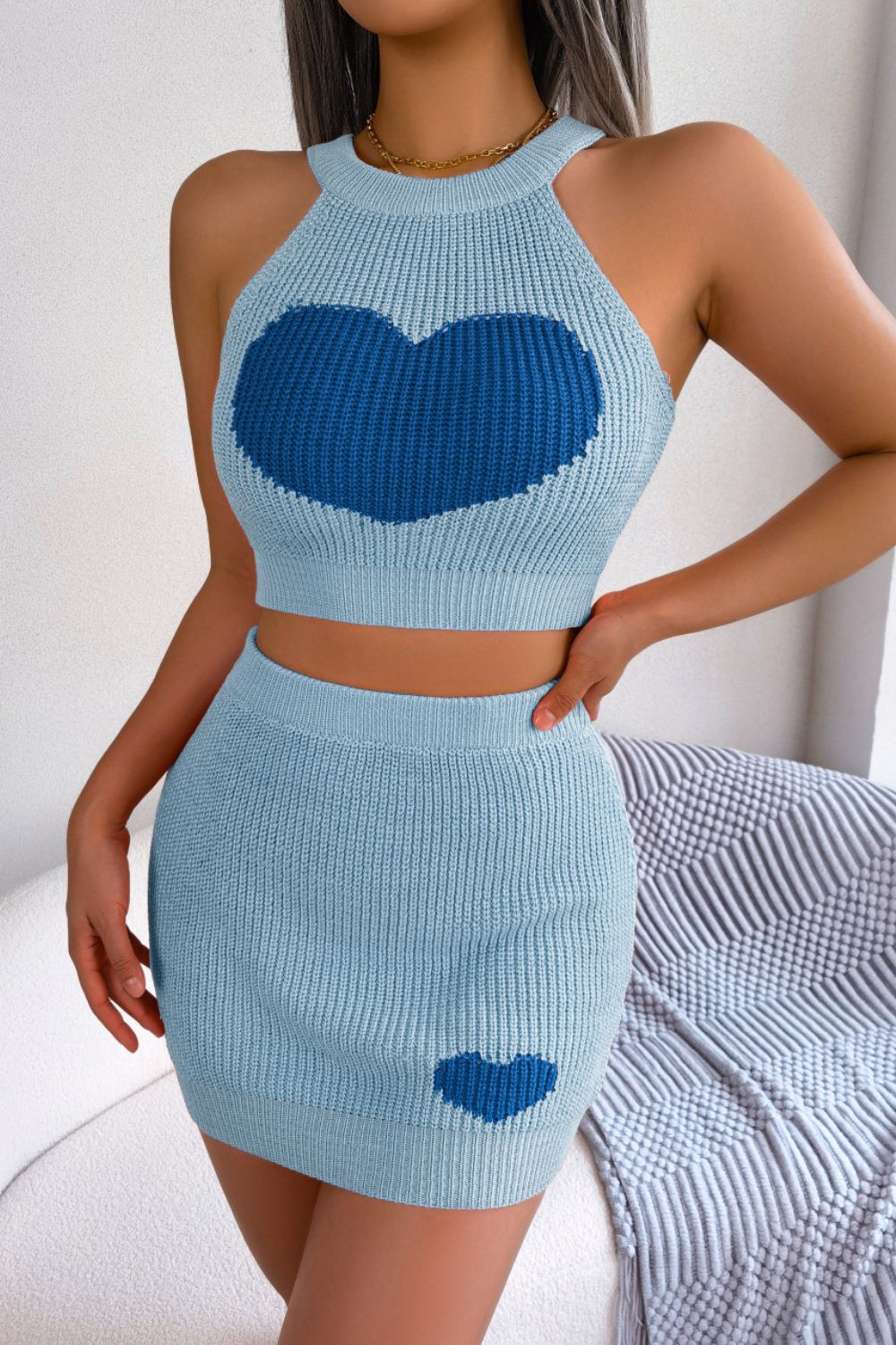 Heart Contrast Ribbed Sleeveless Knit Top & Skirt Set